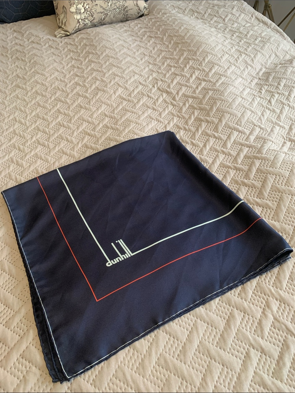 $450 Dunhill Silk Navy Square Scarf with Red and white border made in Italy